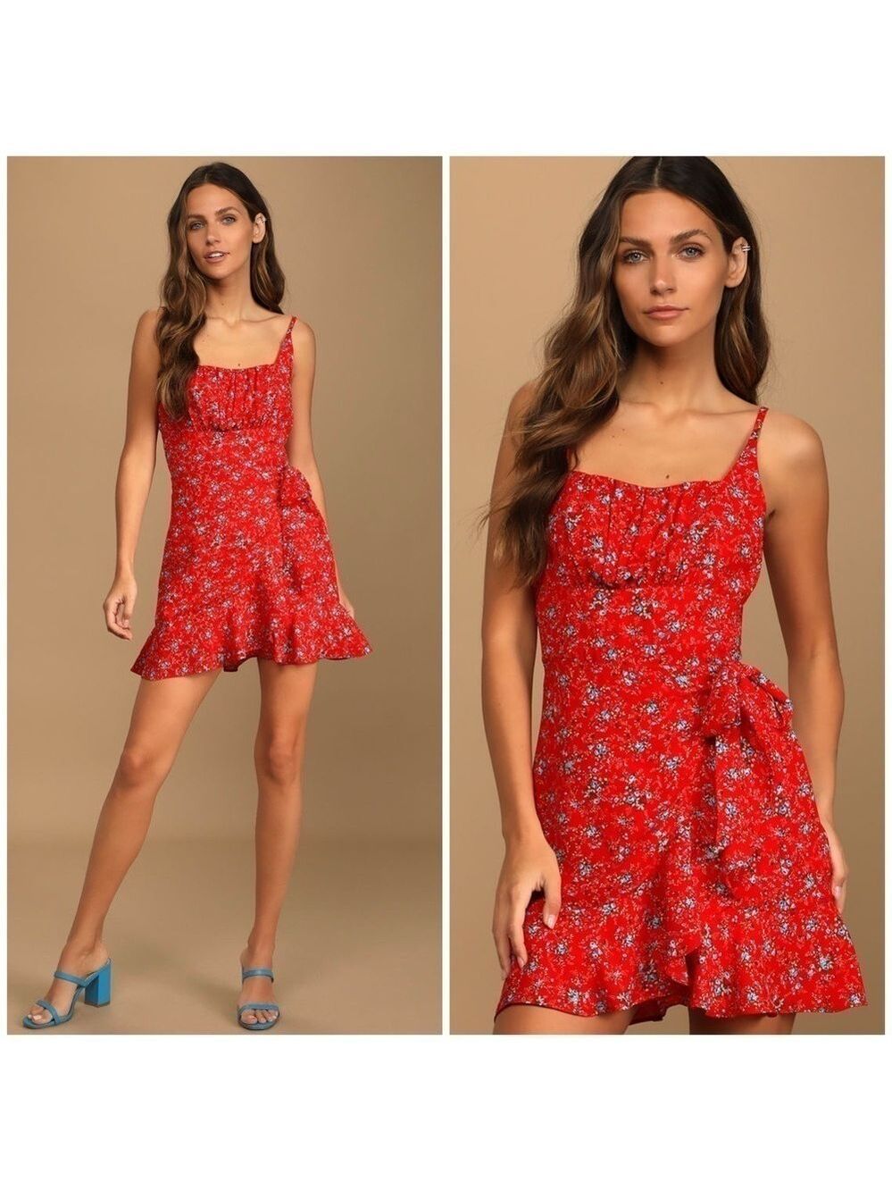 Lulu’s Wrapped Up in Romance Red Floral Print Faux-Wrap Mini Dress
